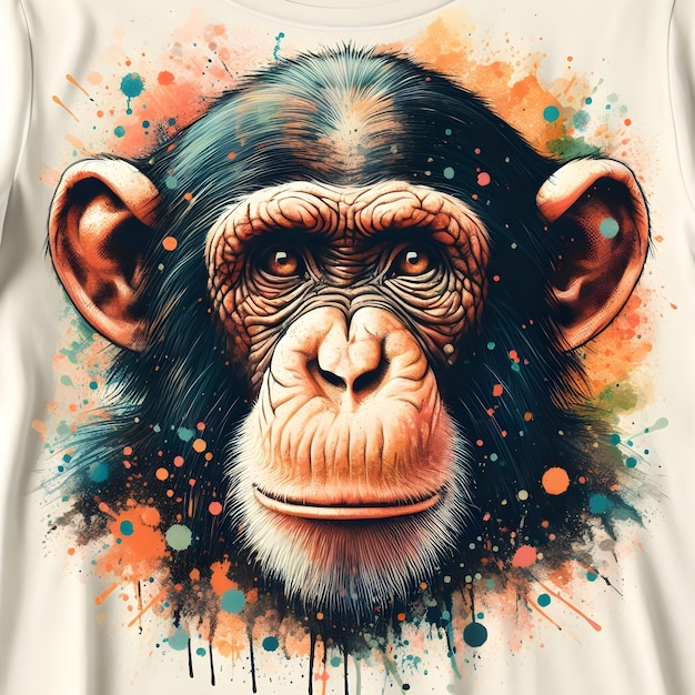 Portret szympansa z kolorowymi plamkami na białej koszuli