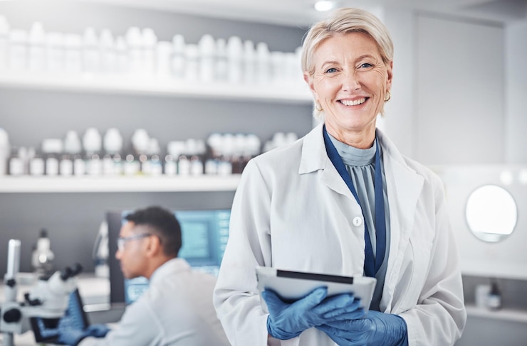 Zdjęcie portret tabletu lub starszy naukowiec w laboratorium z radosnym uśmiechem nastawienia do wzrostu lub celów w naukach medycznych zmierz się z kobietą lub dojrzałym lekarzem z danymi zdrowotnymi dna lub wiedzą z badań genetycznych