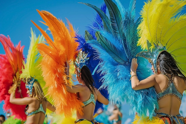 Portret tancerzy karnawałowych z kolorowymi piórami podczas uroczystości festiwalu samby