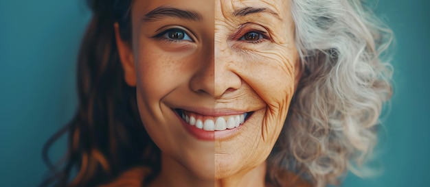 Portret tej samej młodej i starszej uśmiechniętej kobiety wygenerowany przez sztuczną inteligencję