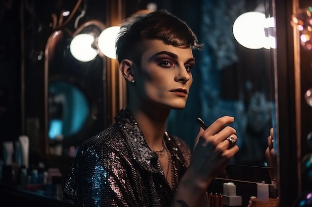 Portret Transpłciowego Mężczyzny Drag Queen Robiącego Makijaż W Lustrze Generative Ai