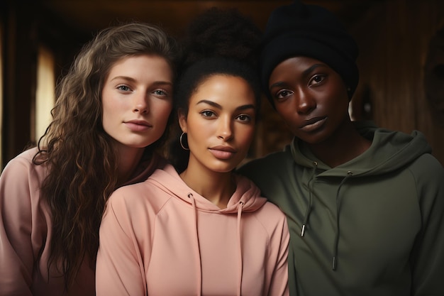 Portret trzech młodych kobiet różnych ras patrzących na kamerę ubranych w pastelowe koszulki