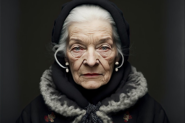 Portret twardej starszej Rosjanki z klasyczną fryzurą na ciemnym tle Generacyjna sztuczna inteligencja