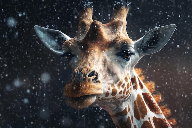 Portret twarzy afrykańskiej żyrafy podczas opadów śniegu Koncepcja anomalii pogodowych związanych ze zmianą klimatu Ilustracja stworzona przez Generative AI