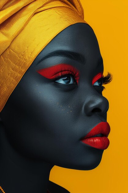 Portret twarzy modnej afrykańskiej kobiety w kolorowym nakryciu głowy