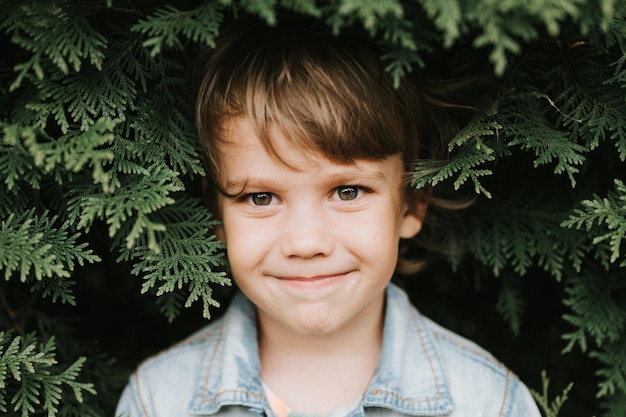 Portret twarzy ślicznego małego szczęśliwego kaukaskiego szczerego zdrowego pięcioletniego chłopca otoczonego gałęziami i liśćmi zielonej rośliny tui lub cyprysu na przyrodzie na zewnątrz