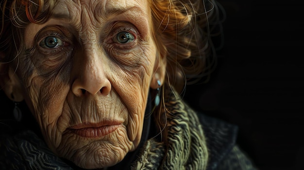 Zdjęcie portret twarzy starej kobiety z bliskim planem kobieta ma zmarszczki i plamy wiekowe, a jej oczy są głęboko niebieskiego koloru.