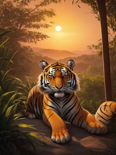 Portret tygrysa na skale z pięknym niebem o zachodzie słońca