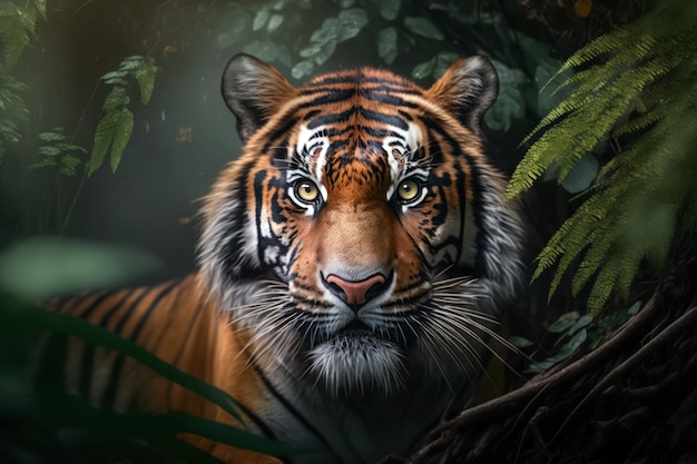 Portret tygrysa na tle dżungli cyfrowy obraz ilustracyjny Generative AI