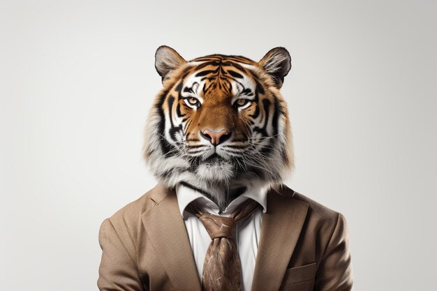 Portret tygrysa w garniturze biznesmena na szarym tle