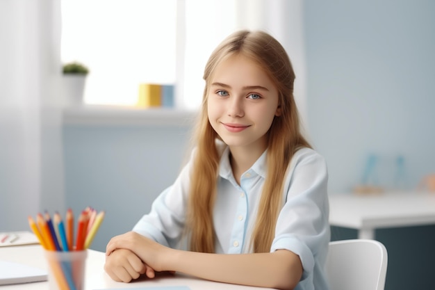 portret uczennicy siedzącej przy biurku w szkole generatywna sztuczna inteligencja
