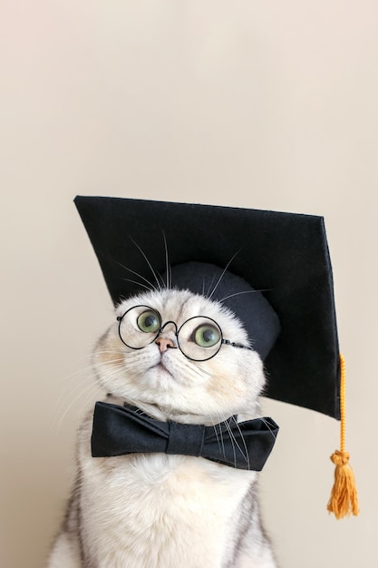 Portret uroczego białego kota w czarnym kapeluszu absolwentów, muszce i okularach