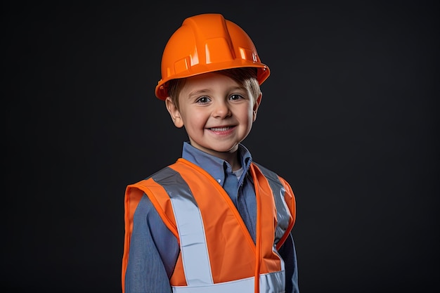 Portret uroczego chłopca w hełmie budowlanym