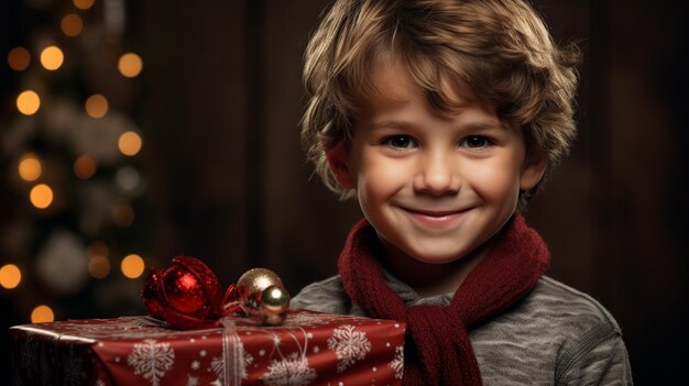 Portret uroczego chłopca z pudełkiem na prezenty