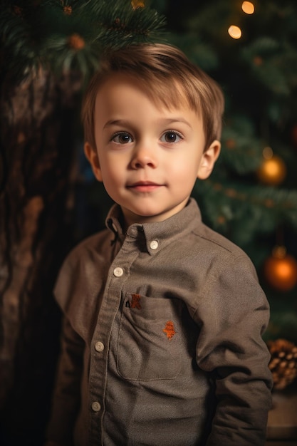 Portret uroczego chłopczyka stojącego przed choinką