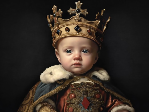 Portret uroczego dziecka w koronie na czarnym tle