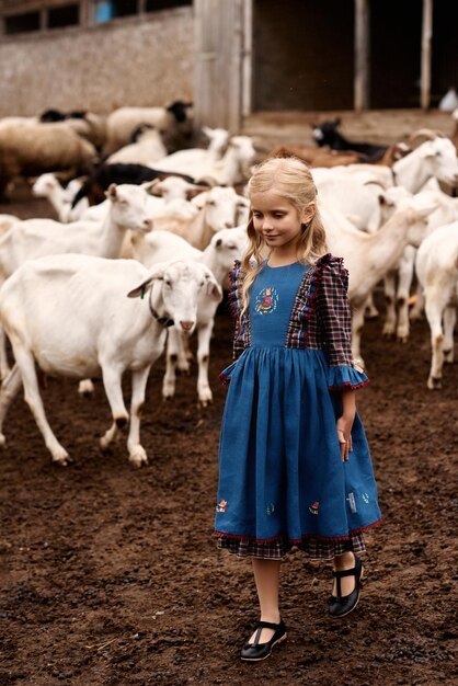 Portret uroczego dziecka w pięknych niebieskich sukienkach spacerujących po farmie na tle kóz