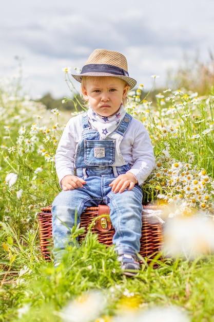 Portret uroczego dziecka z kwiatami w polu rumianku