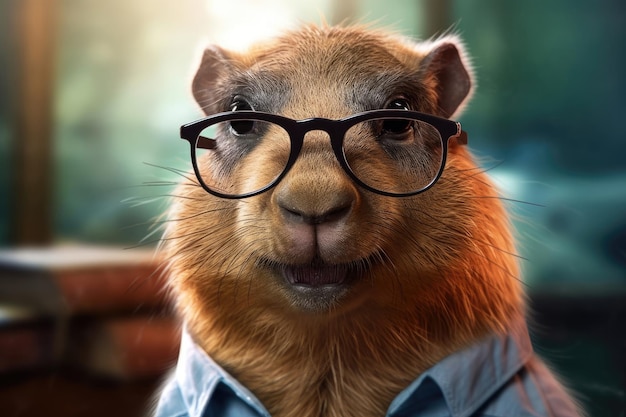 Portret uroczego kapibary w koszuli i okularach Generatywna sztuczna inteligencja