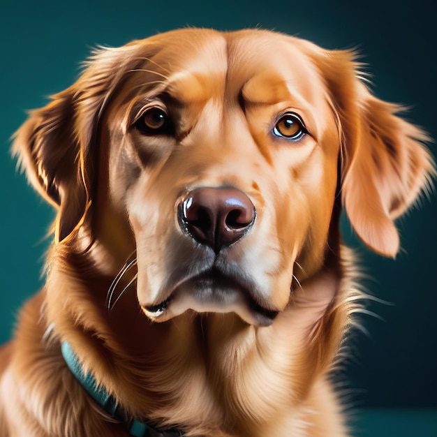 Portret uroczego labrador retriever psa wygląda ciekawie odizolowany na niebieskim tle