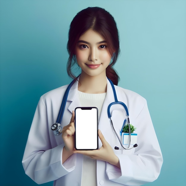 Portret uroczego lekarza trzymającego smartfon z białym ekranem na niebieskim tle