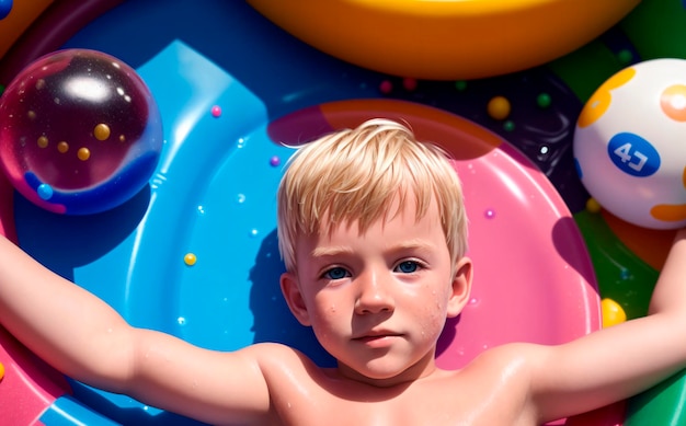 Zdjęcie portret uroczego małego chłopca bawiącego się w nadmuchiwanym basenie dla dzieci generacyjna sztuczna inteligencja