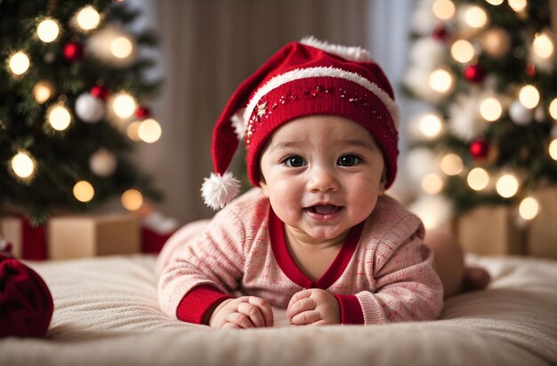 Portret uroczego małego dziecka z czerwonym kapeluszem Świętego Mikołaja, świątecznym transparentem tła