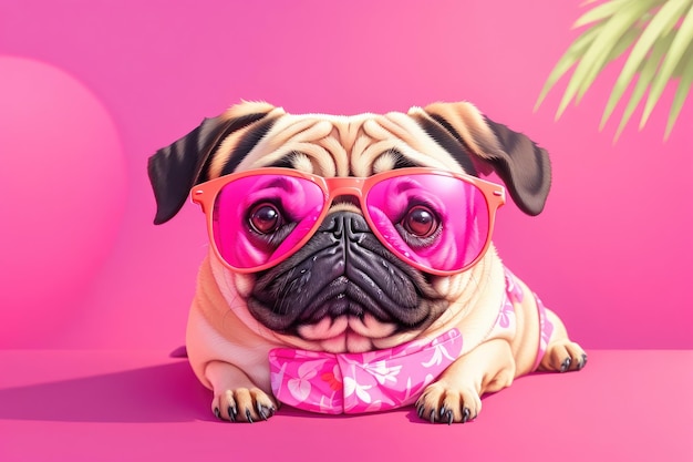 Portret uroczego mopsa w modnych różowych okularach przeciwsłonecznych ai generatywnych