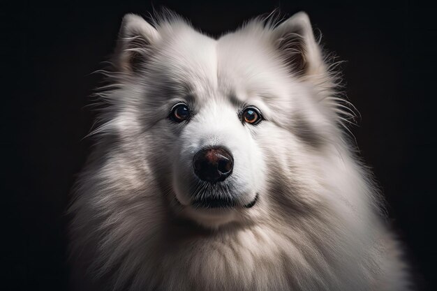 Portret uroczego psa Samoyed z białym futrem z bliska