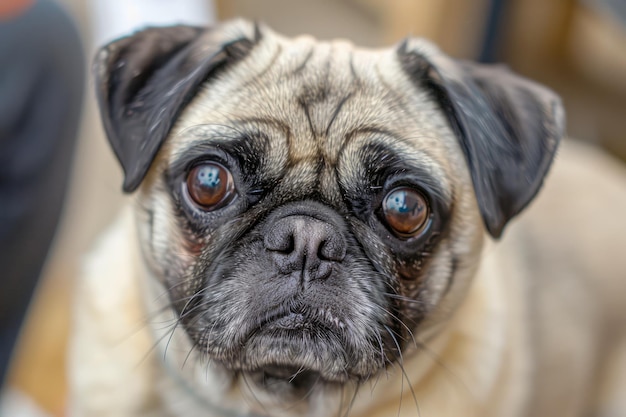 Portret uroczego Pug Mix z dużymi, emocjonalnymi oczami i ekspresyjną twarzą na rozmytej