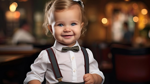 Portret uroczego uśmiechniętego dziecka, gdy kelnerka patrzy na kamerę