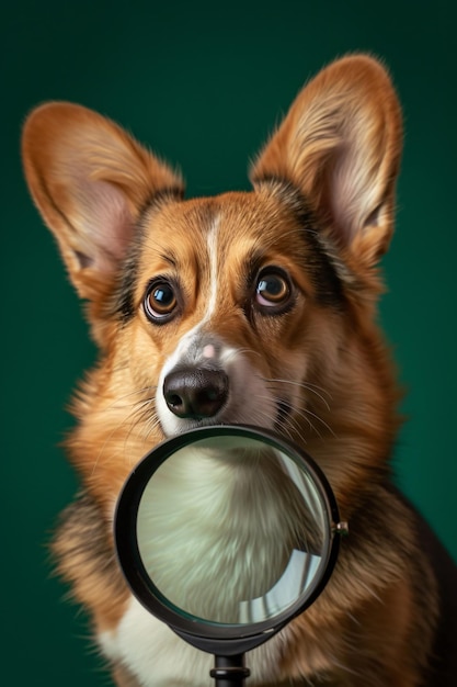Zdjęcie portret uroczego walijskiego psa corgi z szkłem powiększającym