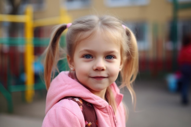 Portret uroczej dziewczynki cieszącej się przerwą w szkole, stworzony za pomocą generatywnej sztucznej inteligencji