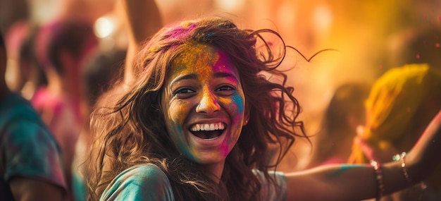 Portret uroczej dziewczynki obsadzonej kolorowymi proszkami podczas Holi