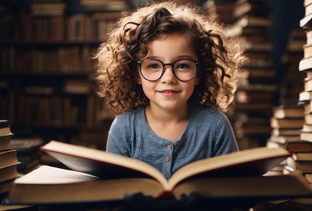 Portret uroczej dziewczynki w okularach i kręconych włosach, czytającej stosy książek o koncepcji szkoły