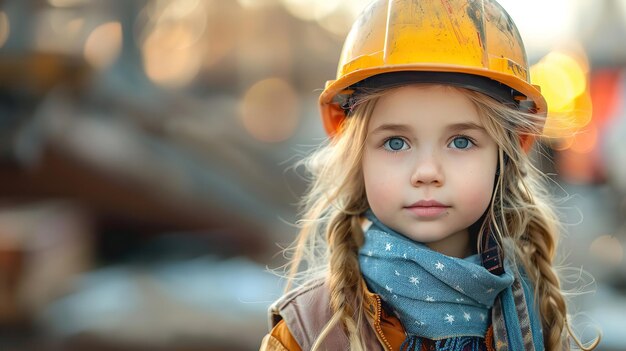 Zdjęcie portret uroczej dziewczynki w żółtym kapeluszu inżyniera stojącej na zewnątrz z dużą przestrzenią dla tekstu lub produktu generatywna sztuczna inteligencja