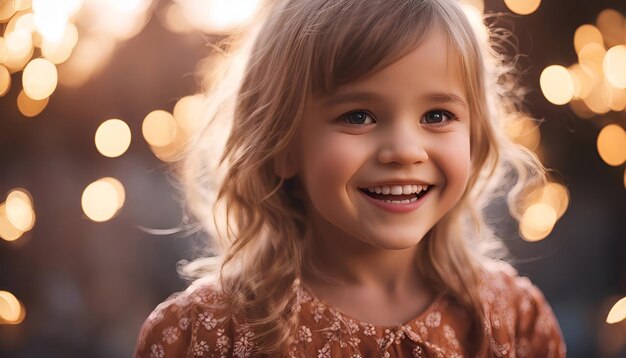 Portret uroczej dziewczynki z blond włosami na tle świątecznych świateł