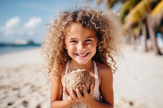 Portret uroczej dziewczynki z kokosem na plaży