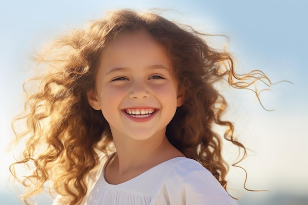 Zdjęcie portret uroczej dziewczynki z kręconymi włosami na plaskim banerze idealny uśmiech dzieci z bliska szczęśliwa mała dziewczynka z pięknym białym mlecznym zębem wygenerowano ai