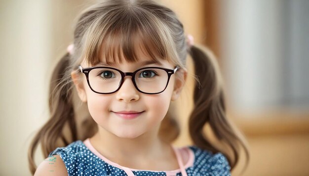 Portret uroczej dziewczynki z okularami patrzącej na kamerę