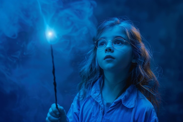 Portret uroczej dziewczynki z świecącą magiczną różdżką na mistycznym niebieskim tle Mały dziecięcy mag uczy się dokonywać cudów