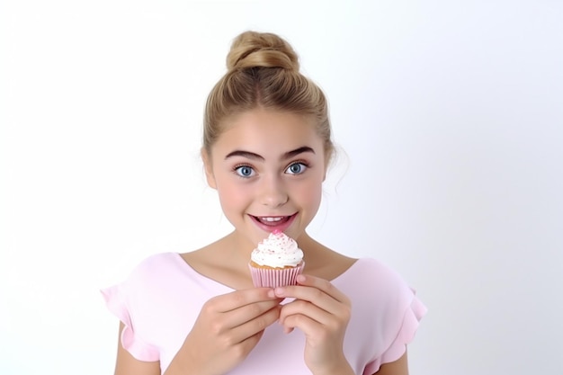 Zdjęcie portret uroczej dziewczyny patrzącej na smaczny cupcake chce ugryźć deser lubi ciasto białe tło