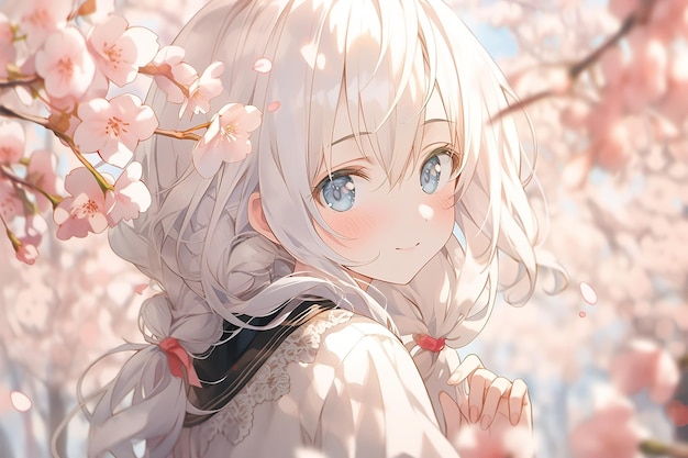 portret uroczej dziewczyny z białymi włosami otoczonej kwiatami wiśni sakura