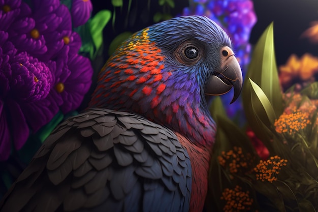 Portret uroczej kolorowej papugi siedzącej w kwiatach w dżungli Widok z boku egzotycznego ptaka tropikalnego Generacyjna sztuczna inteligencja
