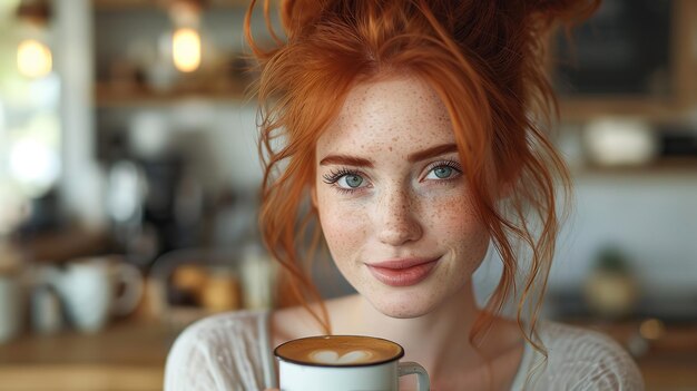 Zdjęcie portret uroczej, szczęśliwej, młodej, czerwonowłosej, uśmiechniętej i trzymającej biały kubek kawy.