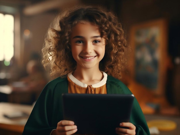 Portret uroczej uśmiechniętej dziewczynki w domu przy użyciu nowoczesnego tabletu gadżetu szczęśliwe małe dziecko dziecko zabawę zrelaksować grać aplikację grę na pad studium na urządzeniu online