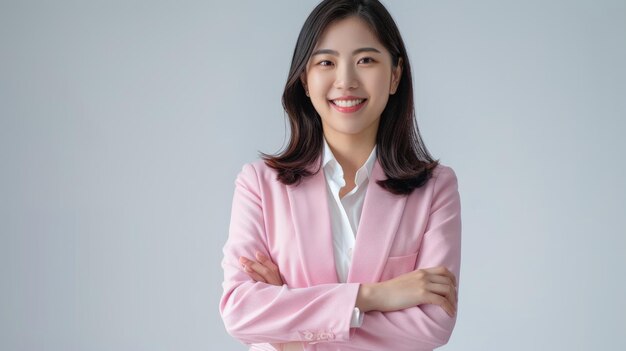 Portret uśmiech pewny siebie azjatycki projektant biznesowy kobieta różowy garnitur biuro