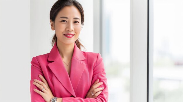 Portret uśmiech pewny siebie azjatycki projektant biznesowy kobieta różowy garnitur biuro