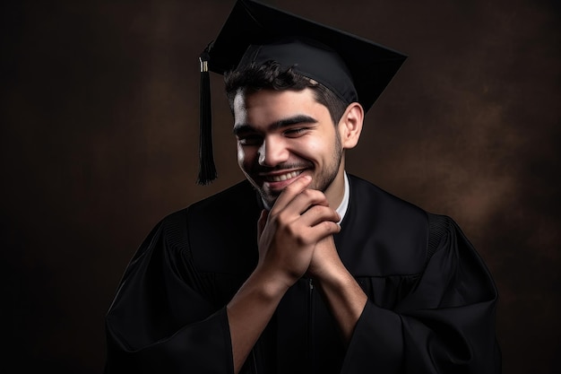 Portret uśmiechniętego absolwenta z głową w dłoniach stworzony za pomocą generatywnej ai
