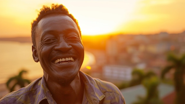 Portret uśmiechniętego Afrykanina przy zachodzie słońca w mieście
